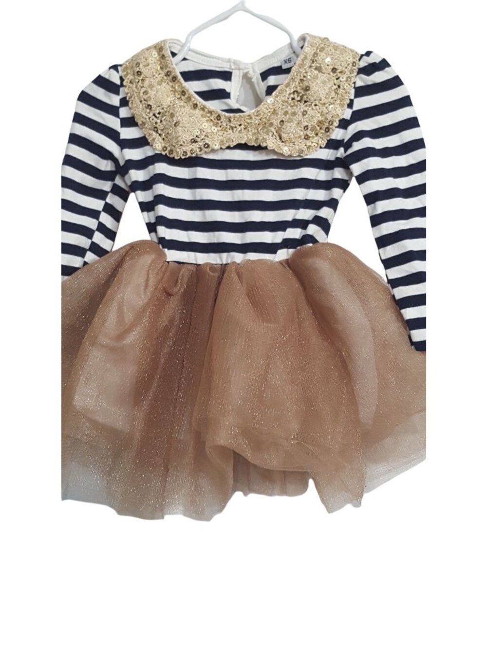 Baby Girl Dress XS Blue White Stripe Sequin Tulle Tutu Gold Party Princess